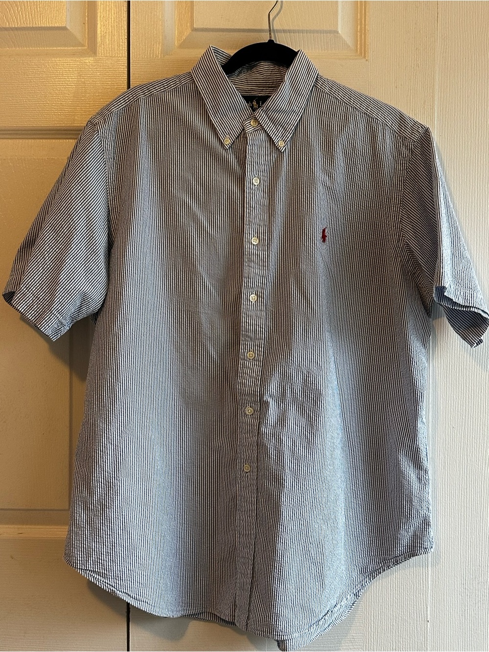 Ralph Lauren Seersucker Blue and White Striped Short-Sleeve Button-Down Shirt